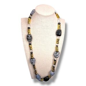 Vintage White Gold Blue Black Beaded Necklace Boho Striped Tribal Bohemian